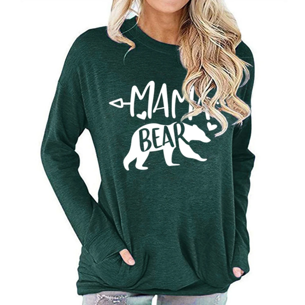 Women Pocket Sweatshirt Bear Print Round Neck Soft Comfortable Long Sleeve T Shirt for Daily Party Dating Black Green M