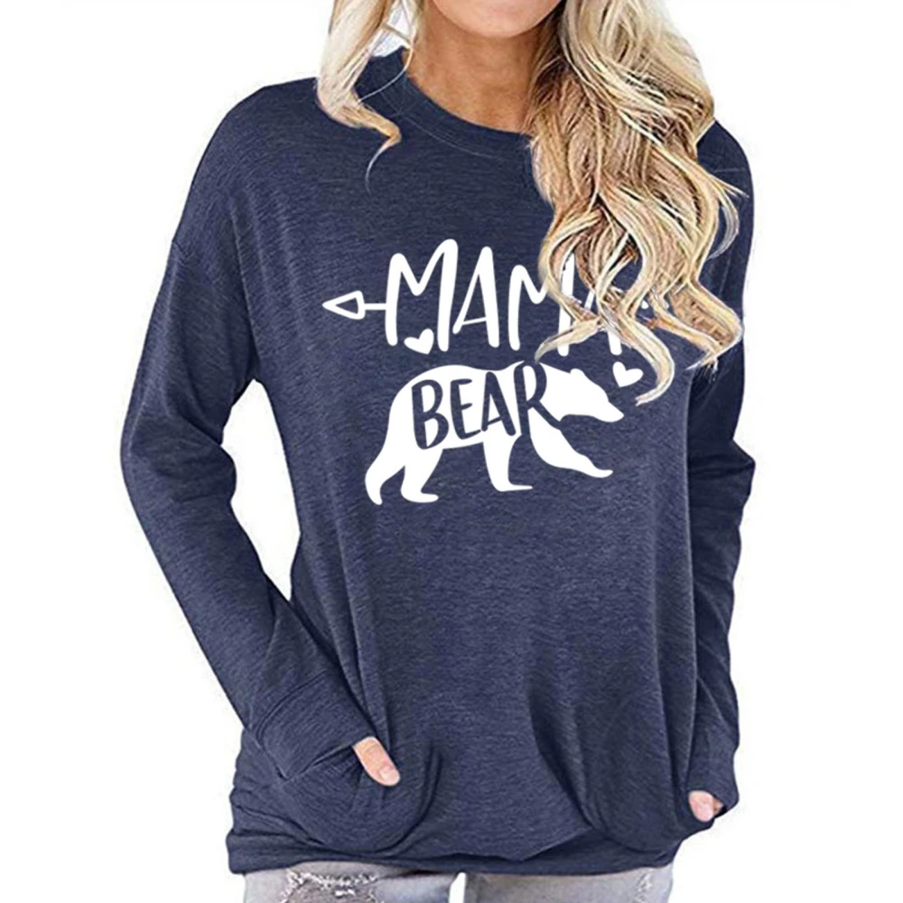 Women Pocket Sweatshirt Bear Print Round Neck Soft Comfortable Long Sleeve T Shirt for Daily Party Dating Dark Blue XL