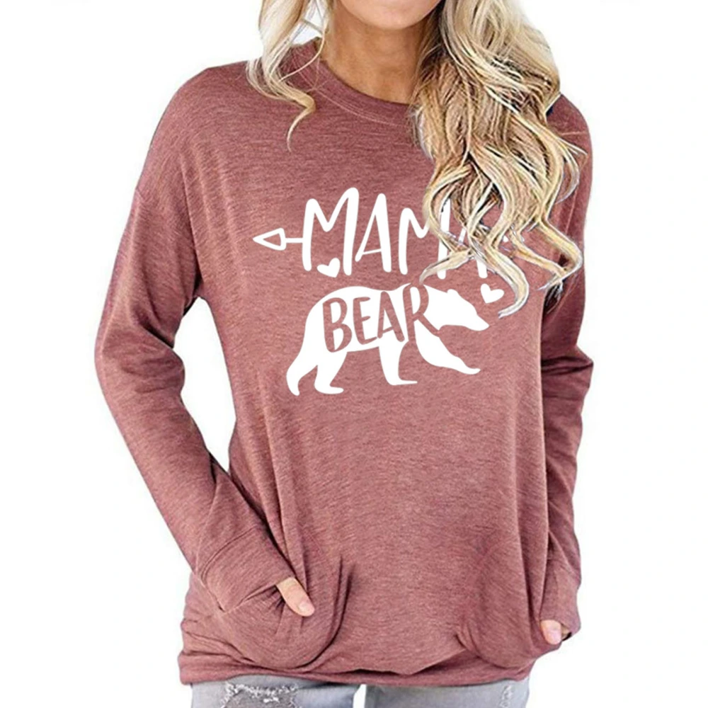 Women Pocket Sweatshirt Bear Print Round Neck Soft Comfortable Long Sleeve T Shirt for Daily Party Dating Brownish Red L