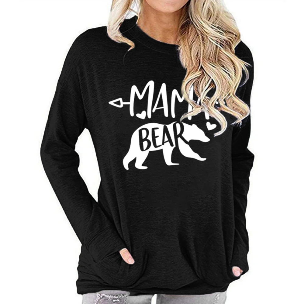 Women Pocket Sweatshirt Bear Print Round Neck Soft Comfortable Long Sleeve T Shirt for Daily Party Dating Black M