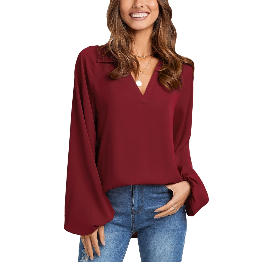 Blouse V Neck Long Sleeve Pure Color Casual Loose Turn Down Collar Shirt for Autumn Spring Women Red S