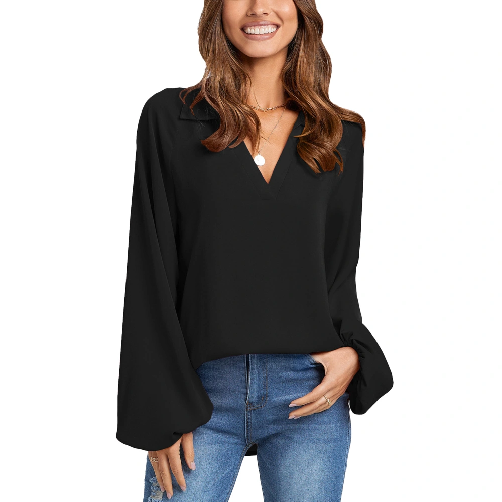 Blouse V Neck Long Sleeve Pure Color Casual Loose Turn Down Collar Shirt for Autumn Spring Women Black XL