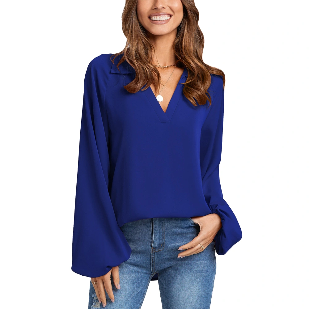 Blouse V Neck Long Sleeve Pure Color Casual Loose Turn Down Collar Shirt for Autumn Spring Women Blue L