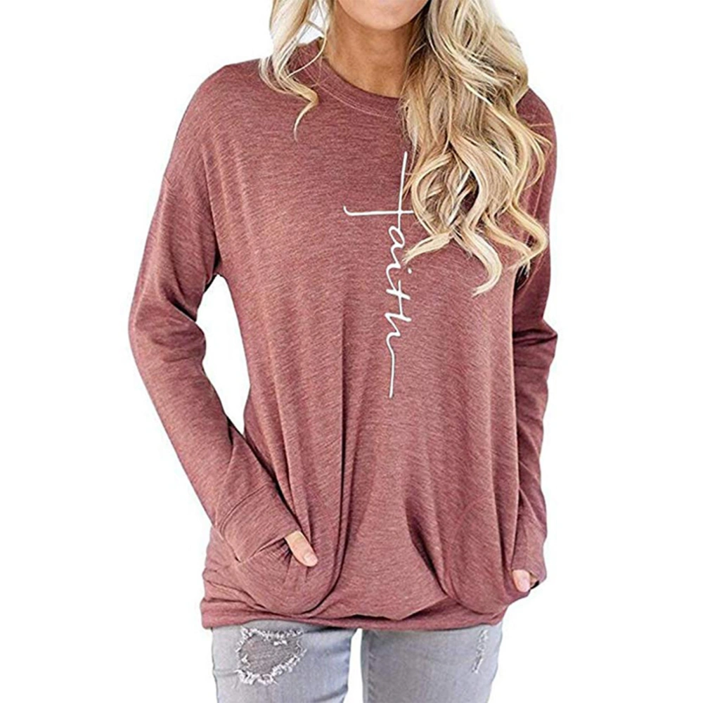 Women Faith Print Crewneck Long Sleeve Tunic Tops T Shirt with Pockets for Office Home Daily Outdoor Brownish Red S