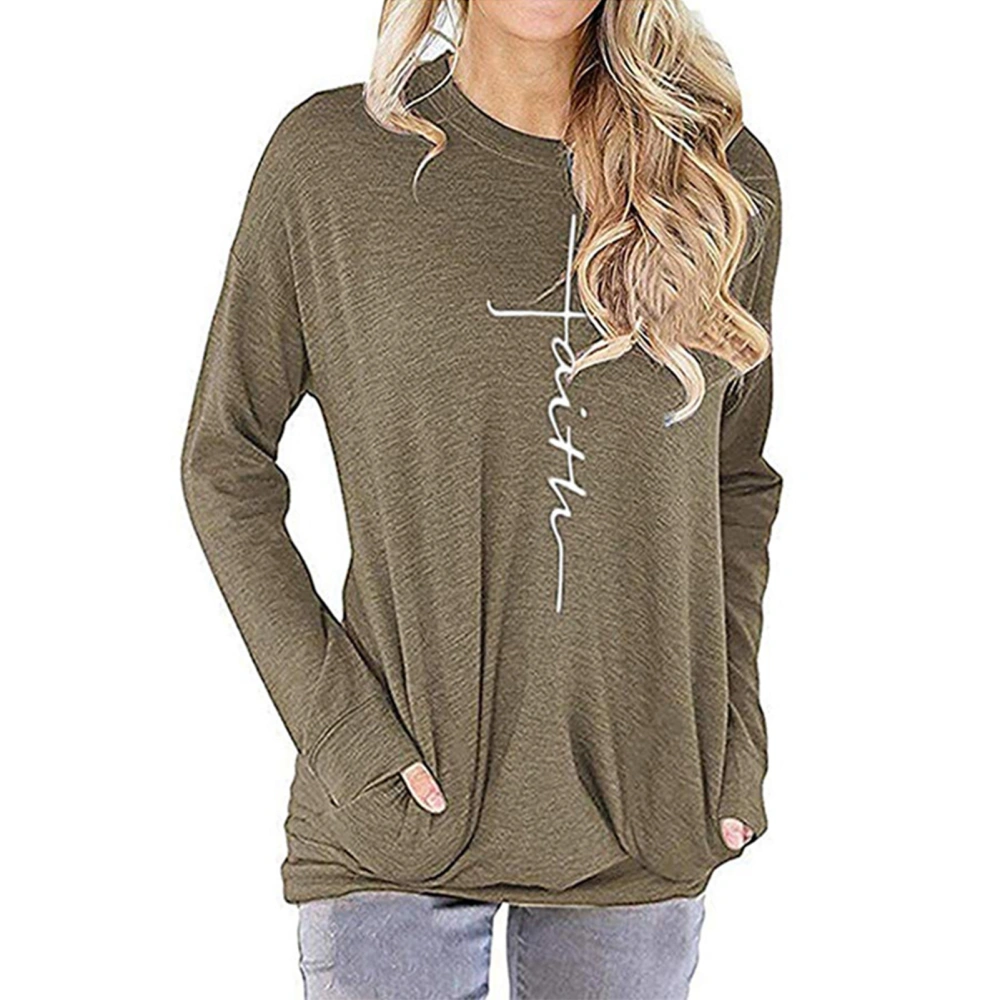 Women Faith Print Crewneck Long Sleeve Tunic Tops T Shirt with Pockets for Office Home Daily Outdoor Khaki XL