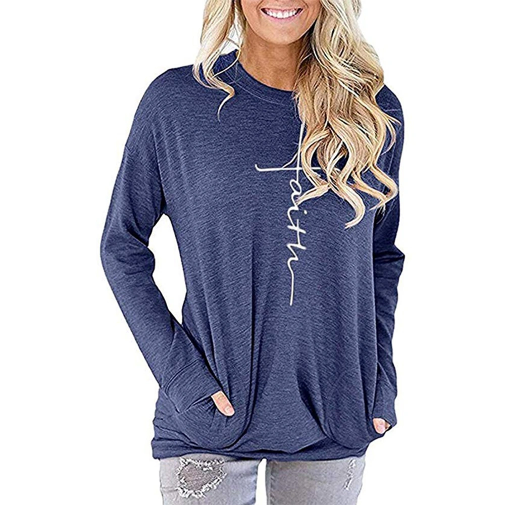 Women Faith Print Crewneck Long Sleeve Tunic Tops T Shirt with Pockets for Office Home Daily Outdoor Dark Blue S