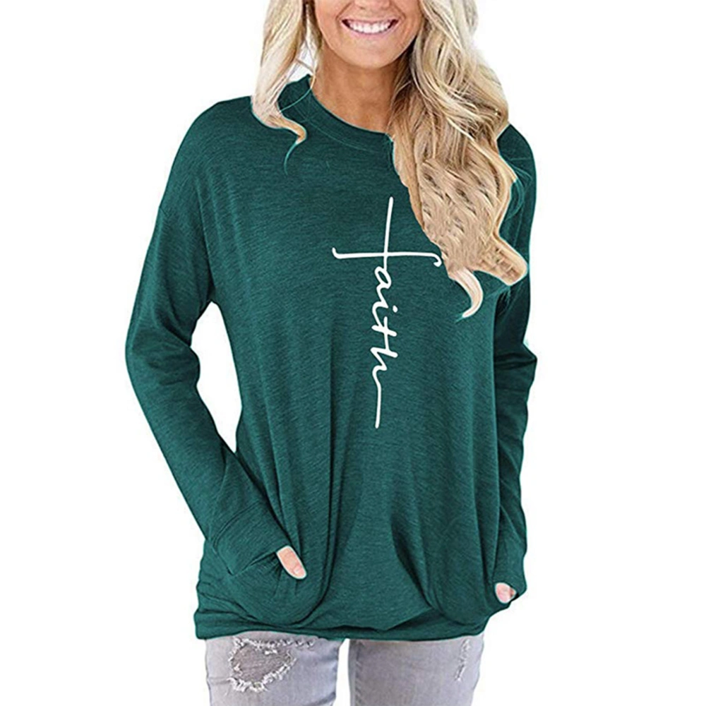 Women Faith Print Crewneck Long Sleeve Tunic Tops T Shirt with Pockets for Office Home Daily Outdoor Green L