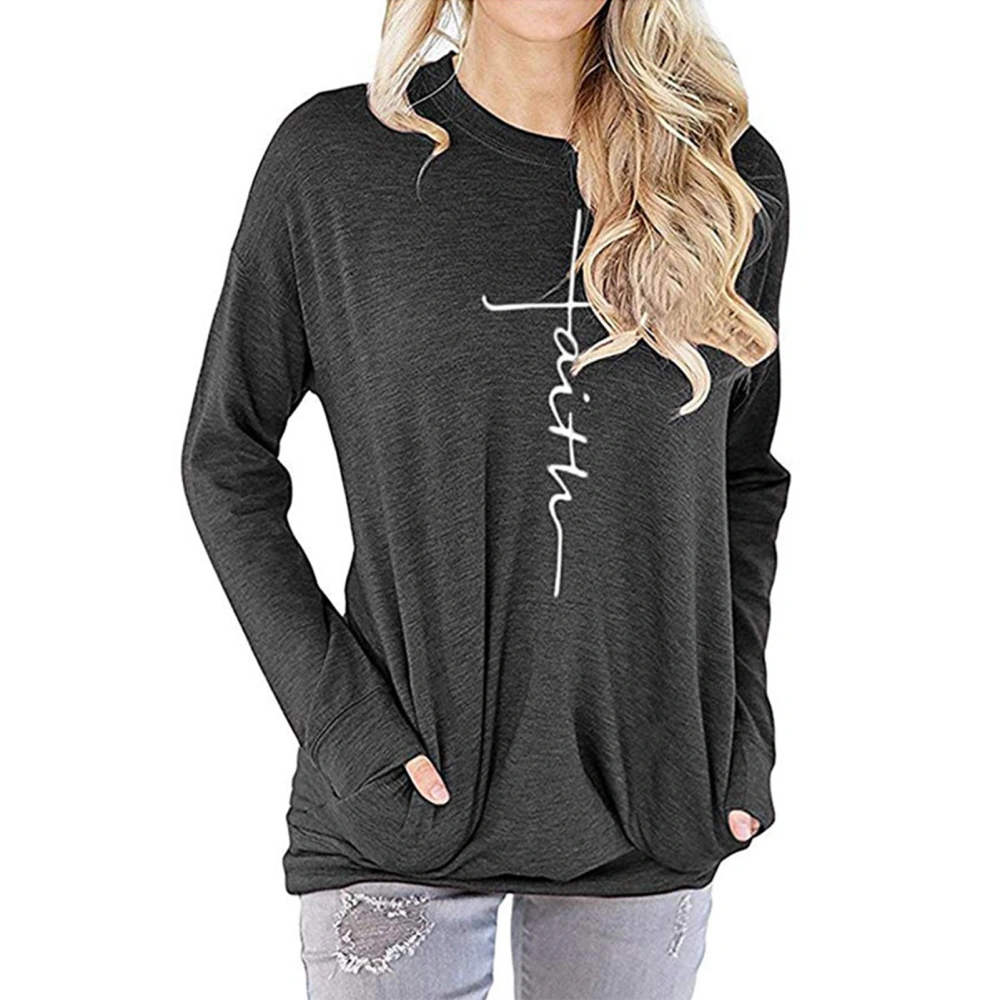 Women Faith Print Crewneck Long Sleeve Tunic Tops T Shirt with Pockets for Office Home Daily Outdoor Dark Gray M