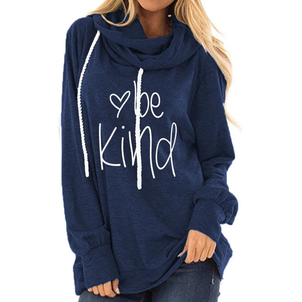 Women Hoodies Letter Printing Long Sleeves Breathable Comfortable Drawstring Casual Pullover Dark Blue XXL