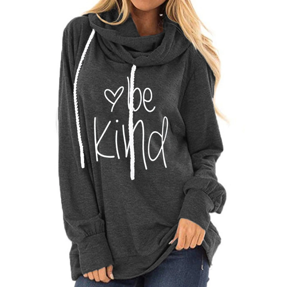 Women Hoodies Letter Printing Long Sleeves Breathable Comfortable Drawstring Casual Pullover Grey M