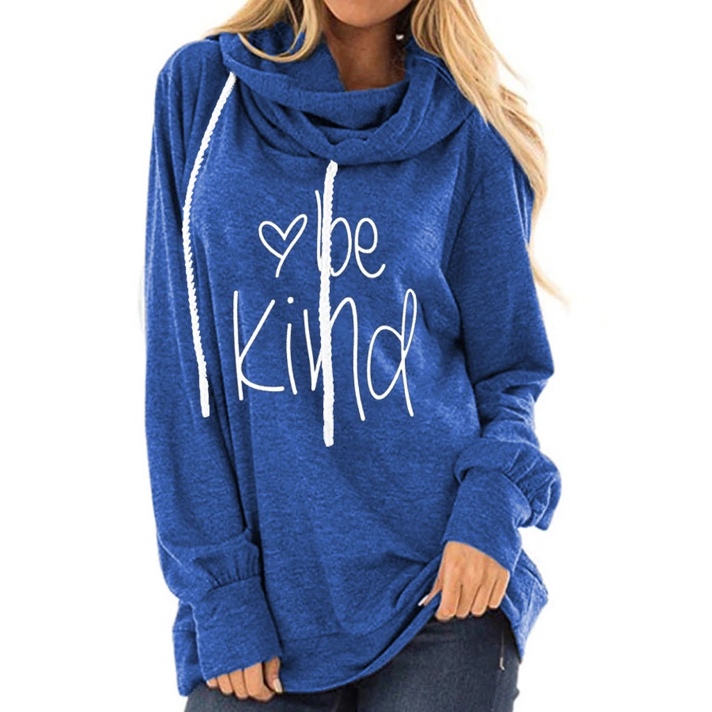 Women Hoodies Letter Printing Long Sleeves Breathable Comfortable Drawstring Casual Pullover Blue S