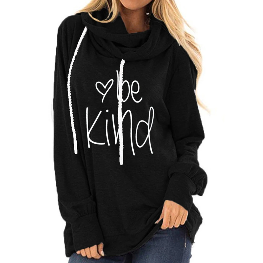 Women Hoodies Letter Printing Long Sleeves Breathable Comfortable Drawstring Casual Pullover Black S