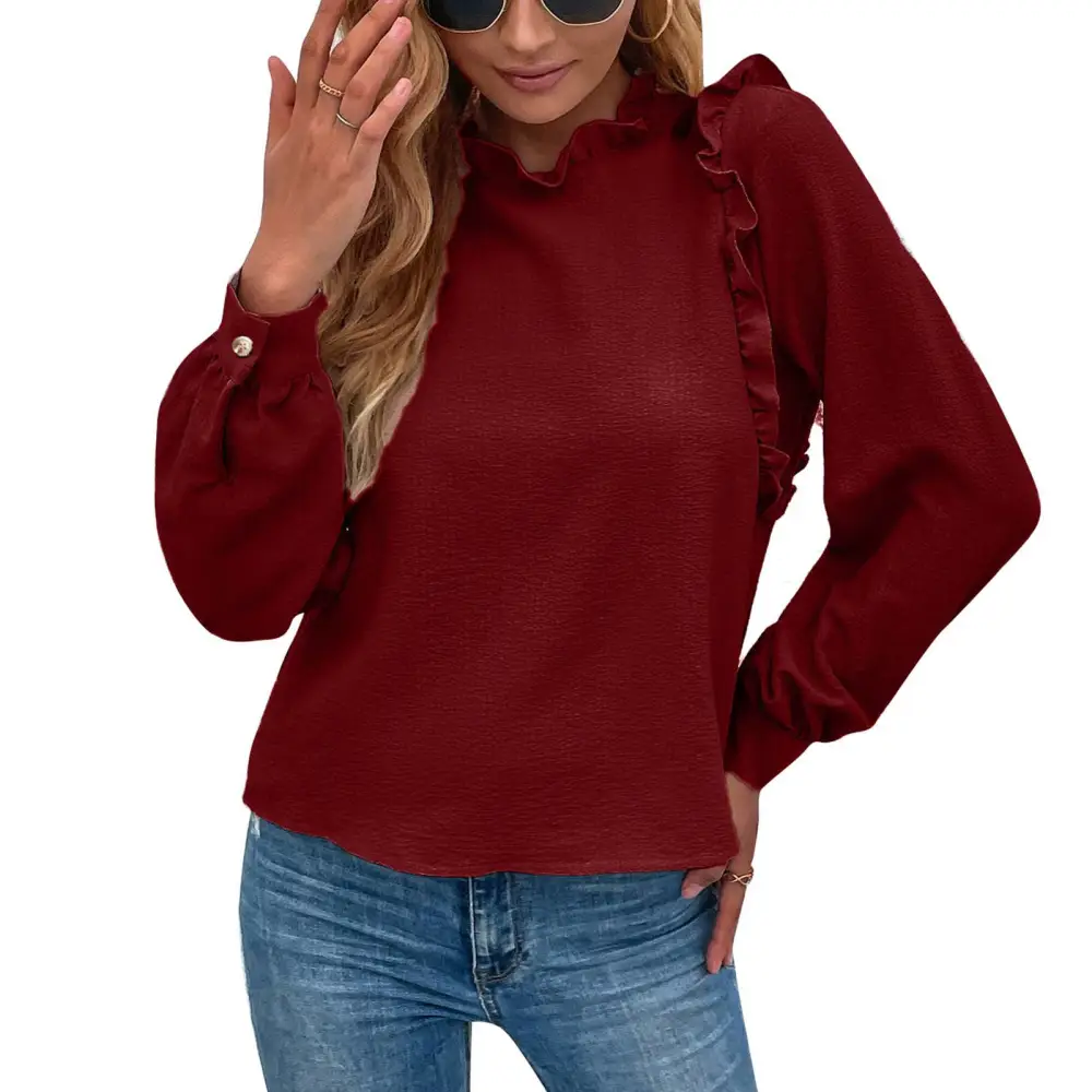 Casual Long Sleeve Top Frill Trim Decoration Keyhole Back Loose Fit Cuff Link Long Sleeve Blouse for Women Female Red M