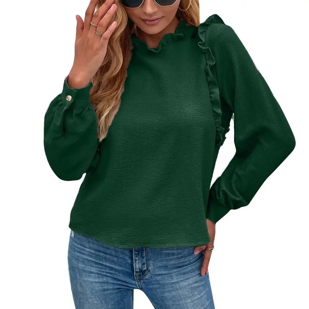 Casual Long Sleeve Top Frill Trim Decoration Keyhole Back Loose Fit Cuff Link Long Sleeve Blouse for Women Female Green L