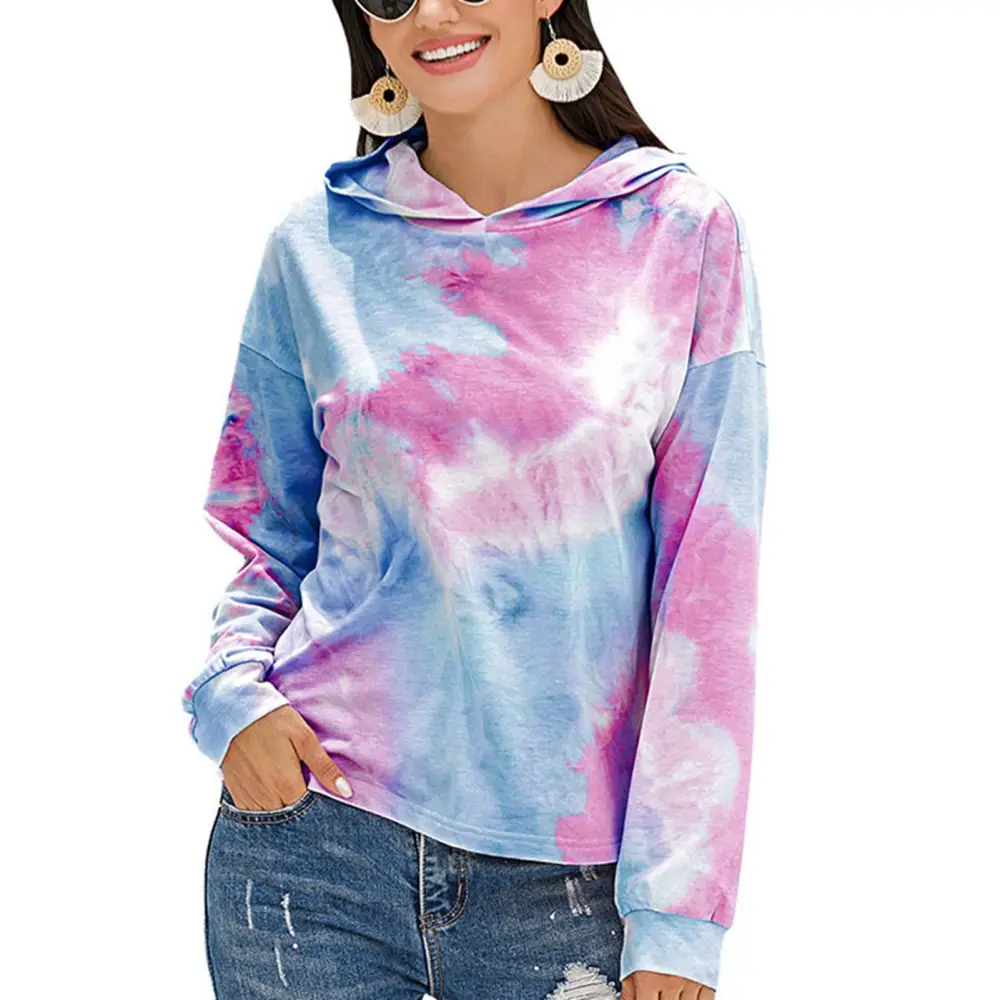 Hoodie Long Sleeve Tie Dye Print Gradient Color Fashionable Hooded Hoodie for Women Blue and Purple Gradient S