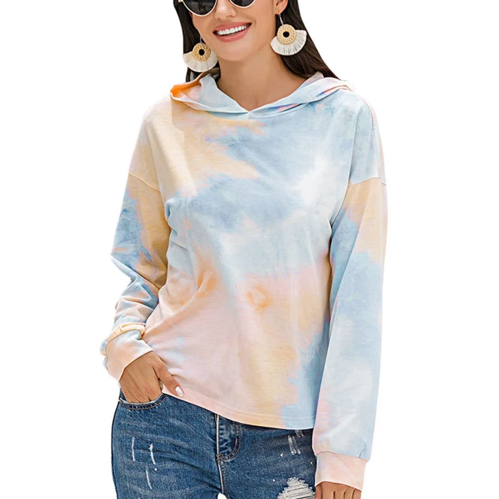 Hoodie Long Sleeve Tie Dye Print Gradient Color Fashionable Hooded Hoodie for Women Orange and Blue Gradient XL