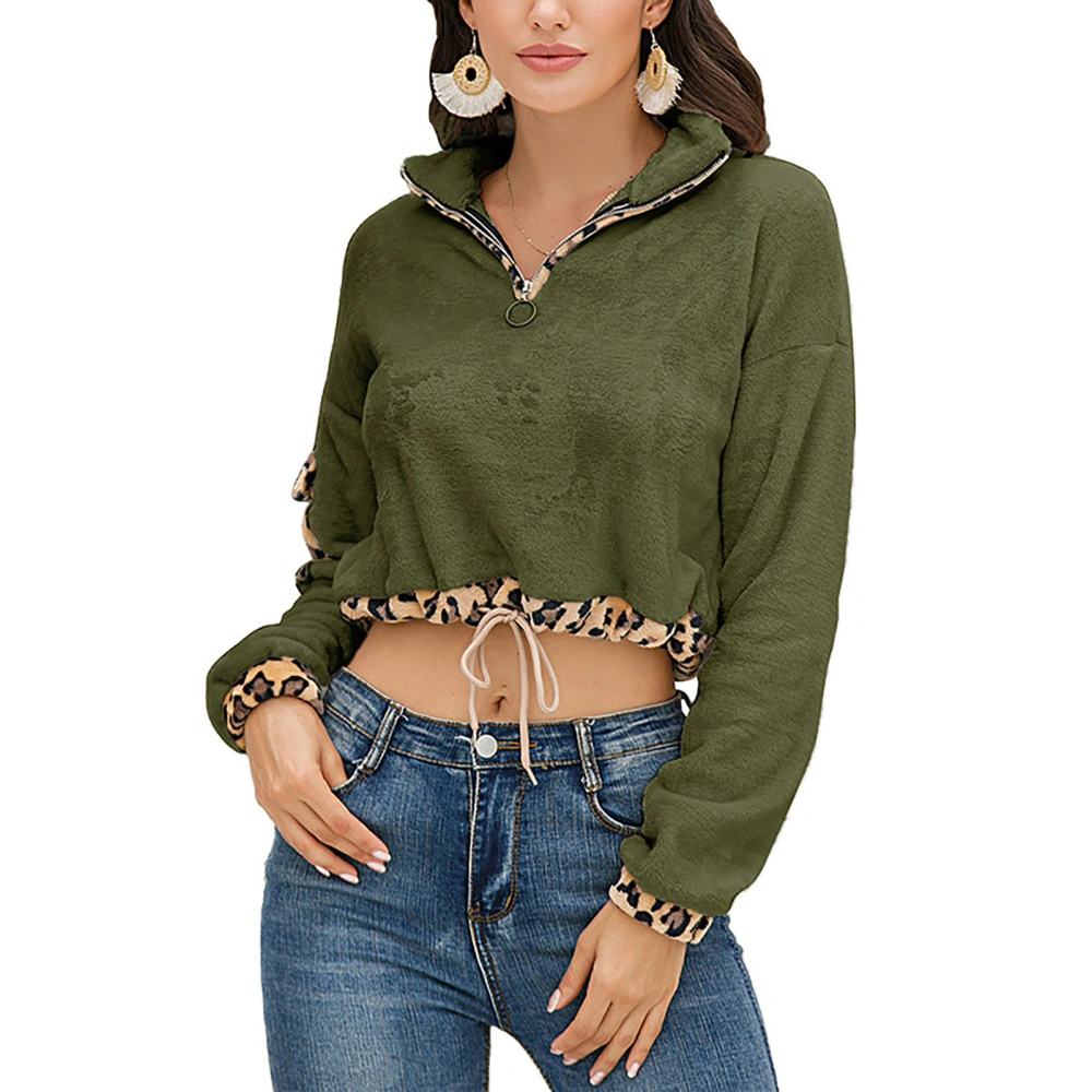 Women Color Block Drawstring Sweatshirt Long Sleeve Neck Zipper Pullover Tops for Outdoor Activity OD Green M