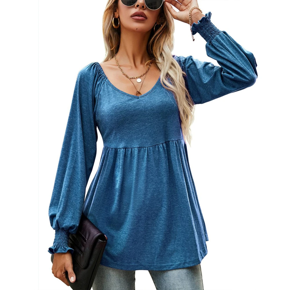 Casual Puff Long Sleeve Tunic Top V Neck Pleated Flare Blouse T Shirts for Fall Winter Girls Women Peacock Blue XL