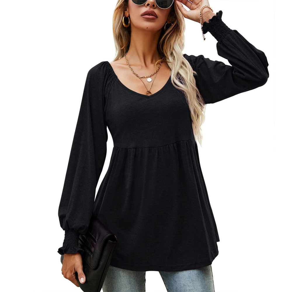 Casual Puff Long Sleeve Tunic Top V Neck Pleated Flare Blouse T Shirts for Fall Winter Girls Women Black S