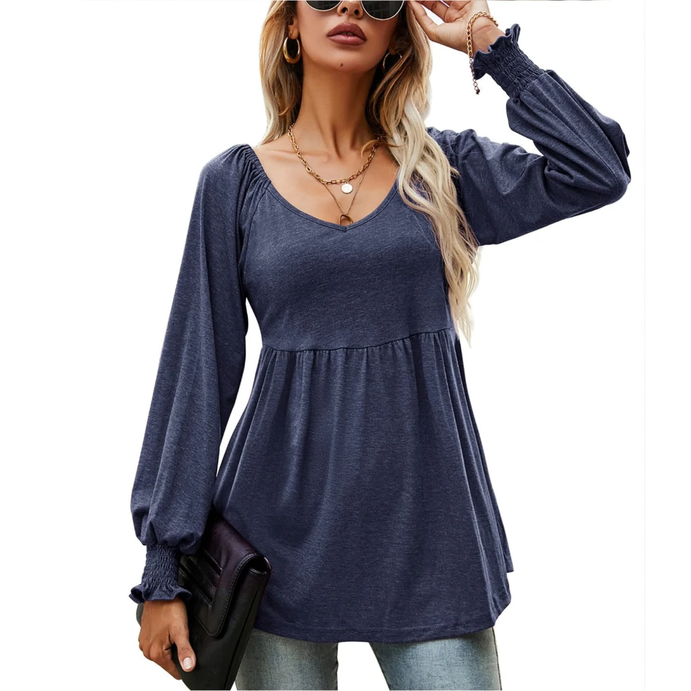 Casual Puff Long Sleeve Tunic Top V Neck Pleated Flare Blouse T Shirts for Fall Winter Girls Women Navy Blue S