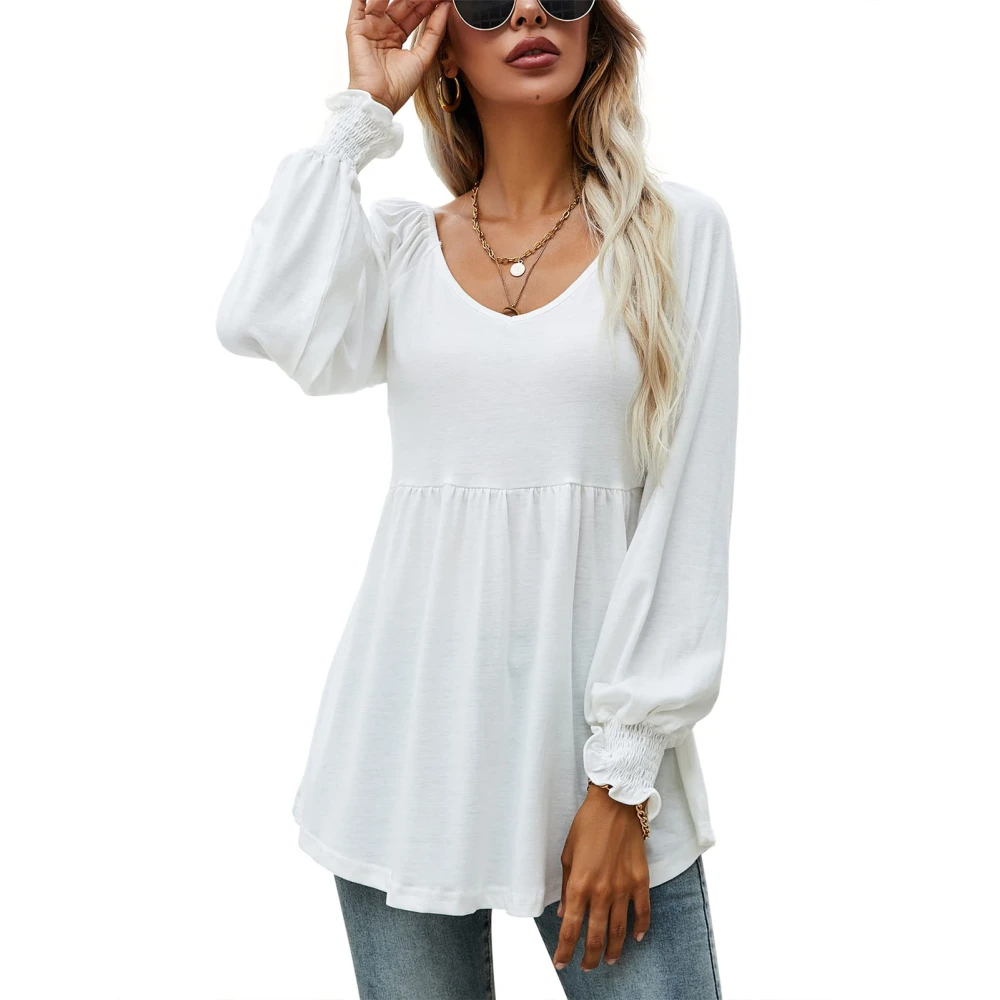 Casual Puff Long Sleeve Tunic Top V Neck Pleated Flare Blouse T Shirts for Fall Winter Girls Women White XXL