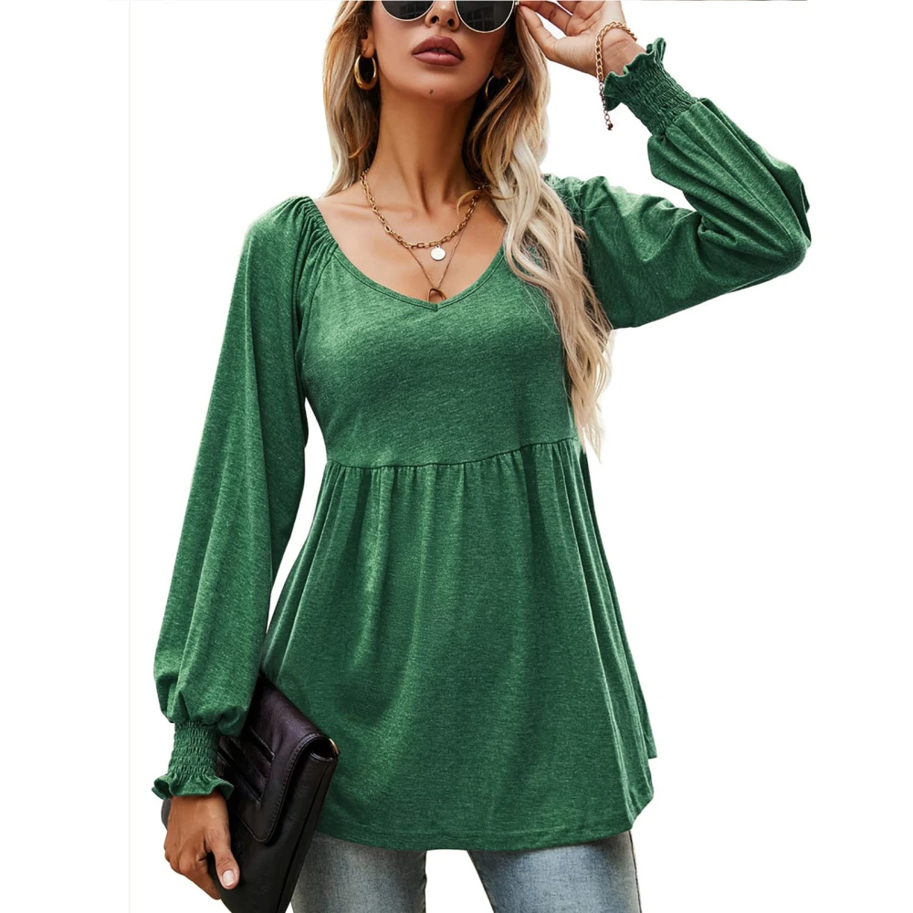 Casual Puff Long Sleeve Tunic Top V Neck Pleated Flare Blouse T Shirts for Fall Winter Girls Women Dark Green XL