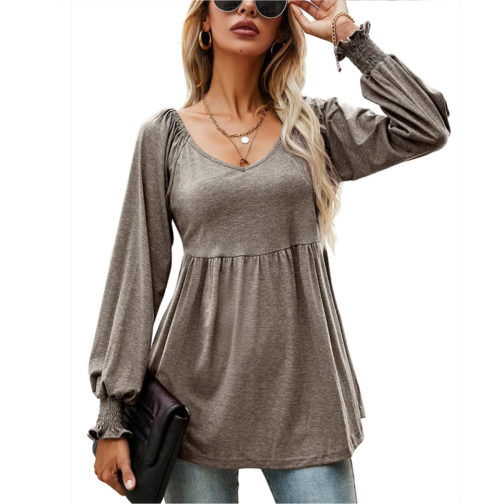 Casual Puff Long Sleeve Tunic Top V Neck Pleated Flare Blouse T Shirts for Fall Winter Girls Women Coffee XL