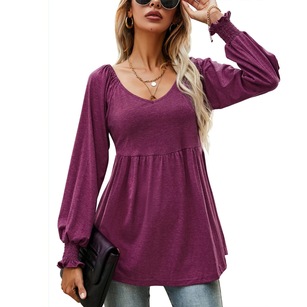 Casual Puff Long Sleeve Tunic Top V Neck Pleated Flare Blouse T Shirts for Fall Winter Girls Women Wine Red L