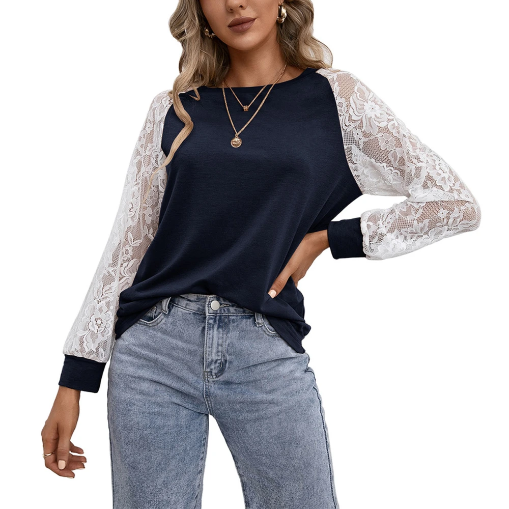 Lace Blouse Women Female Long Sleeve Crewneck Casual Loose Fit T Shirt Lace Sleeve Top Navy Blue M