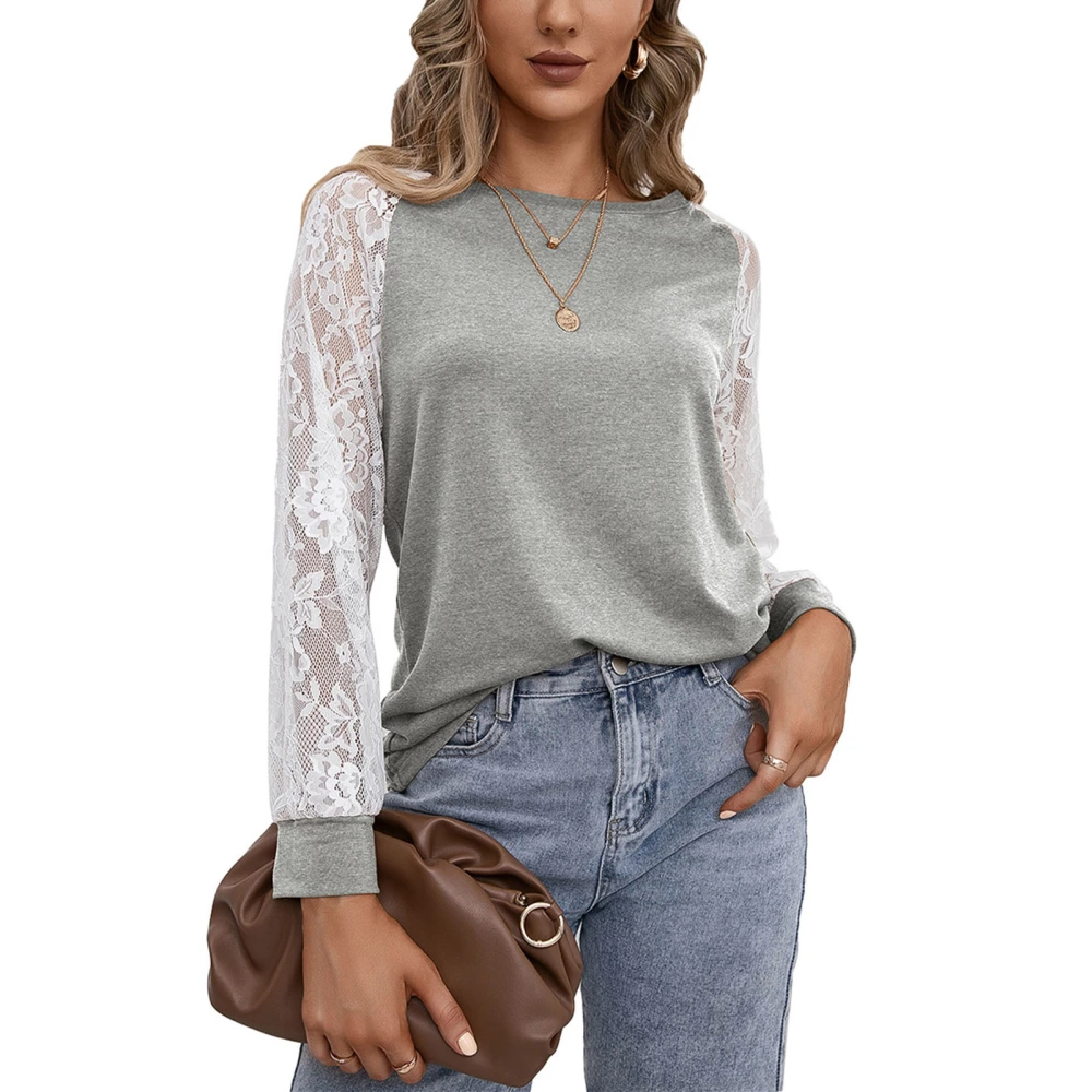 Lace Blouse Women Female Long Sleeve Crewneck Casual Loose Fit T Shirt Lace Sleeve Top Grey M