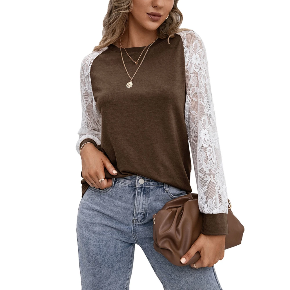 Lace Blouse Women Female Long Sleeve Crewneck Casual Loose Fit T Shirt Lace Sleeve Top Brown M