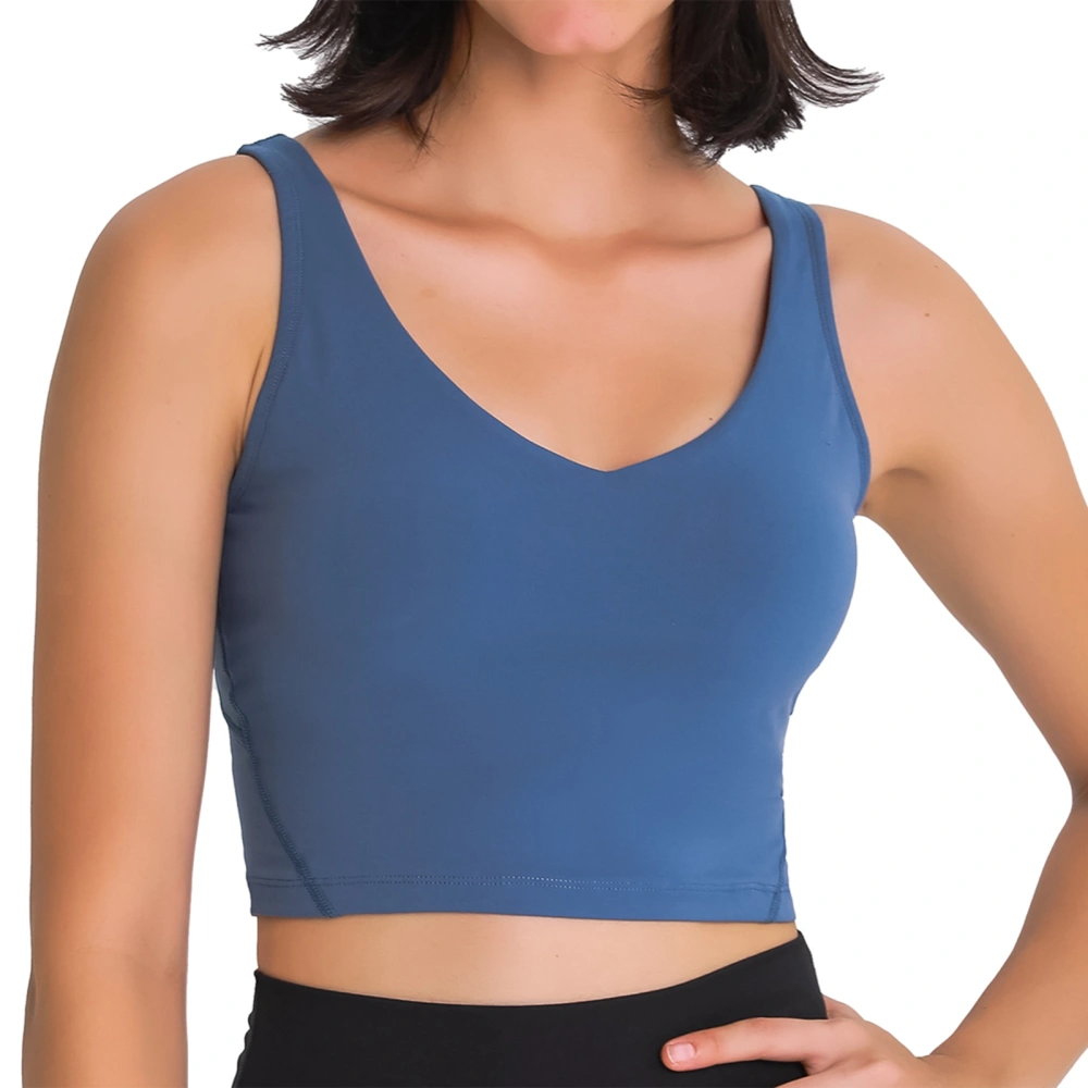 Sports Bra for High Strength Yoga Running Shockproof Tank Tops Wide Shoulder Straps V Neck Top for Women Tin Blue S