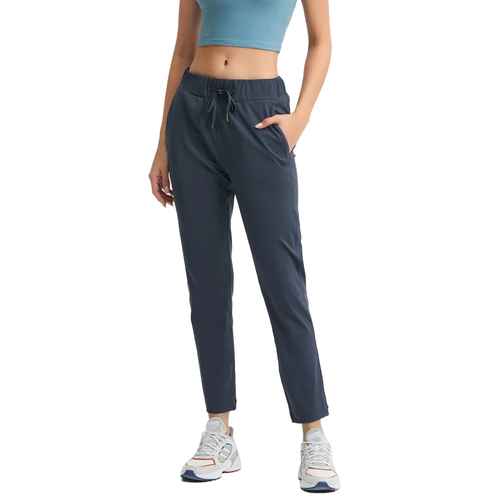 Woman Straight Yoga Pants Drawstring Elastic Waist Loose Cropped Sweatpants with Pocket for Jogger Lounge Blue XL