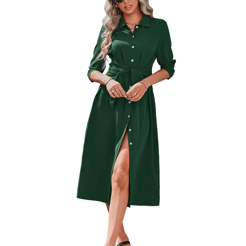 Women Single Breasted Shirt Dress Fashionable Casual Turn Down Collar Belted Long Sleeve Dress for Daily Work Green Black L