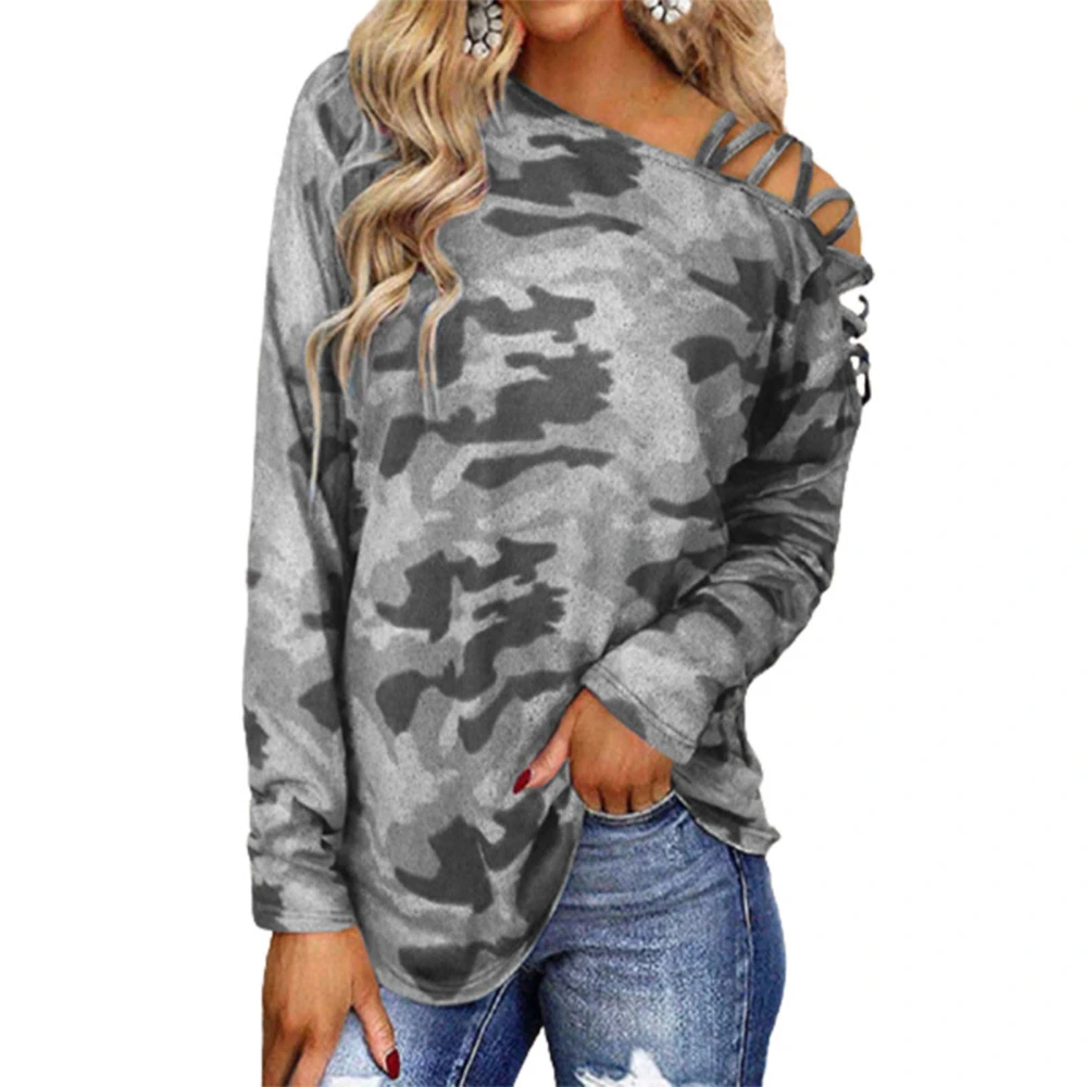 Women Long Sleeve T Shirt Camouflage Printing Oblique Shoulder Crossed Straps Top for Daily Life Shopping Gray L