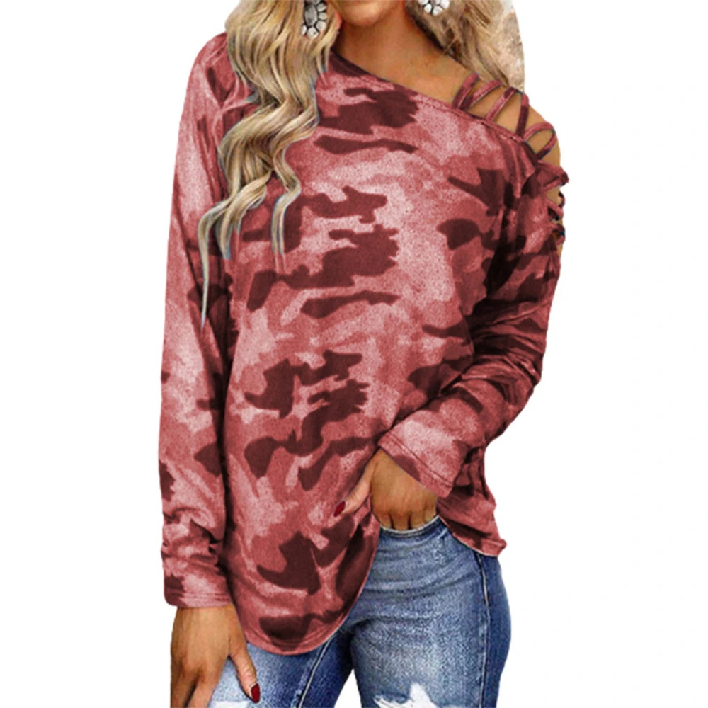 Women Long Sleeve T Shirt Camouflage Printing Oblique Shoulder Crossed Straps Top for Daily Life Shopping Red M