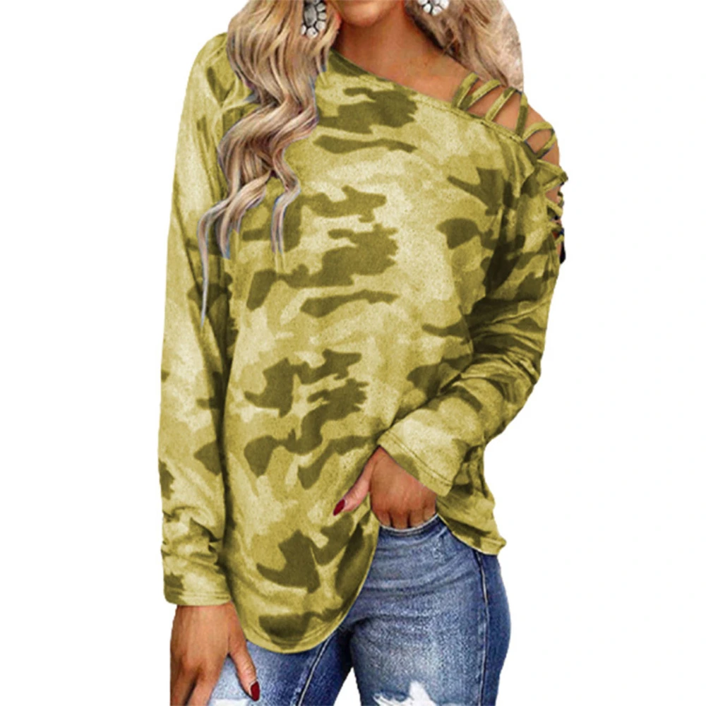 Women Long Sleeve T Shirt Camouflage Printing Oblique Shoulder Crossed Straps Top for Daily Life Shopping Yellow XXL