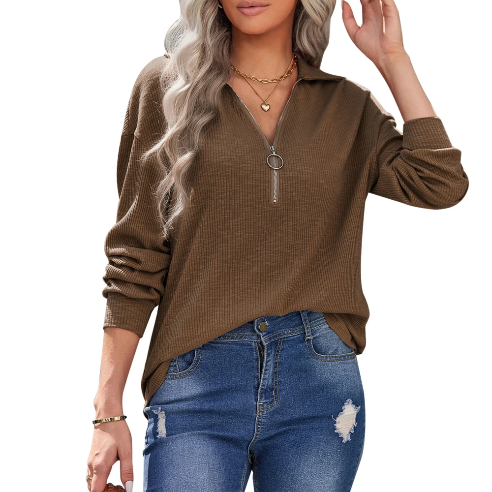 Women Knitwear Lapel Pullover Long Sleeve Knit Sweater Autumn Winter Outer Wear Casual Top Khaki XL