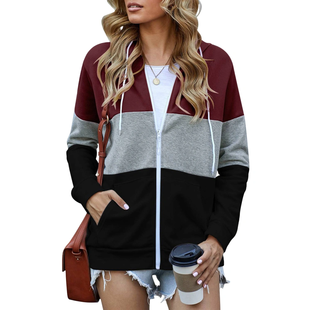 Women Zipper Hoodie Polyester Casual Long Sleeved Hooded Pocket Coat for Autumn Winter Wine Red XXL