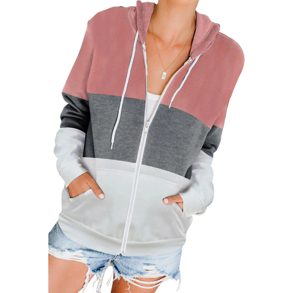 Women Zipper Hoodie Polyester Casual Long Sleeved Hooded Pocket Coat for Autumn Winter Pink XXL