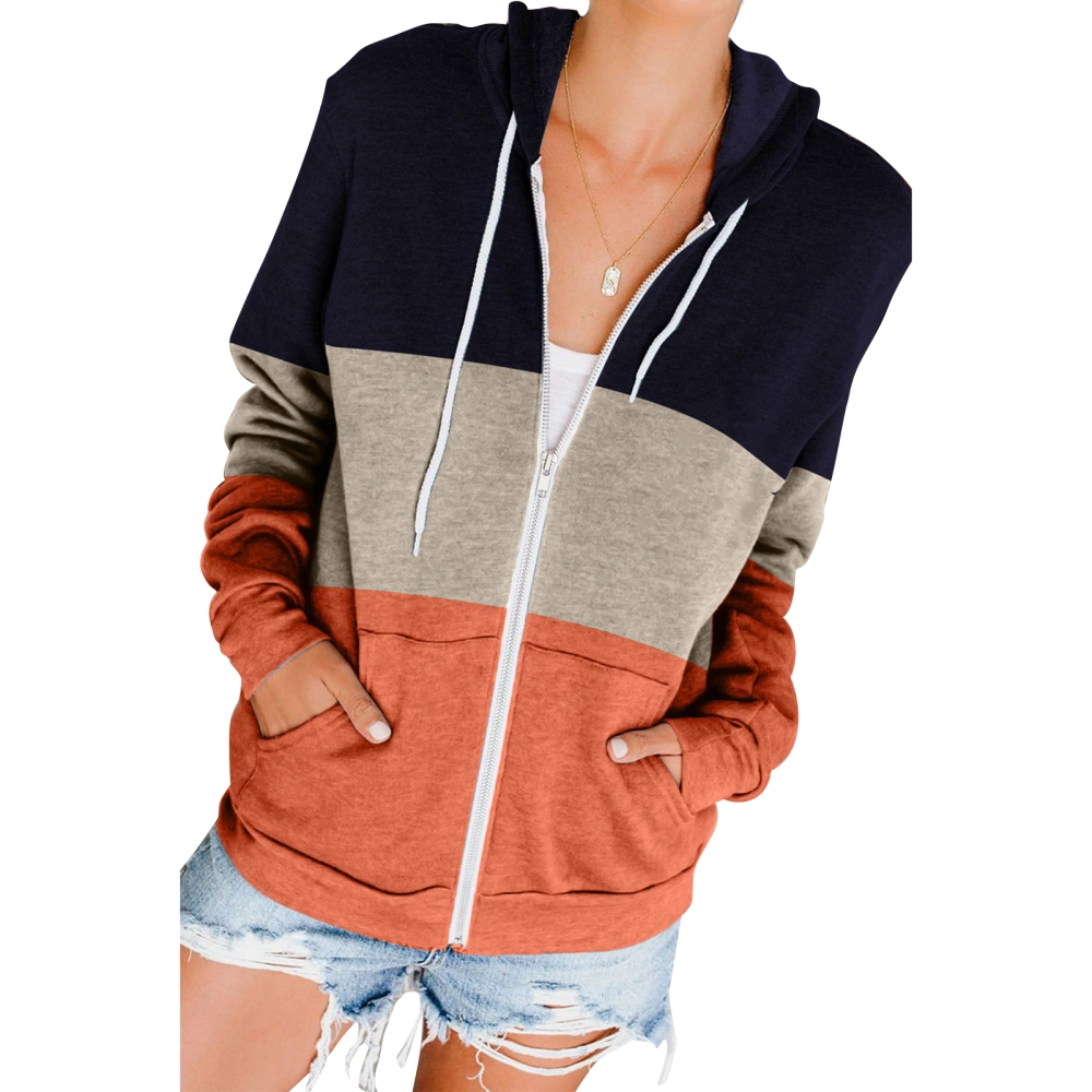 Women Zipper Hoodie Polyester Casual Long Sleeved Hooded Pocket Coat for Autumn Winter Dark Blue L