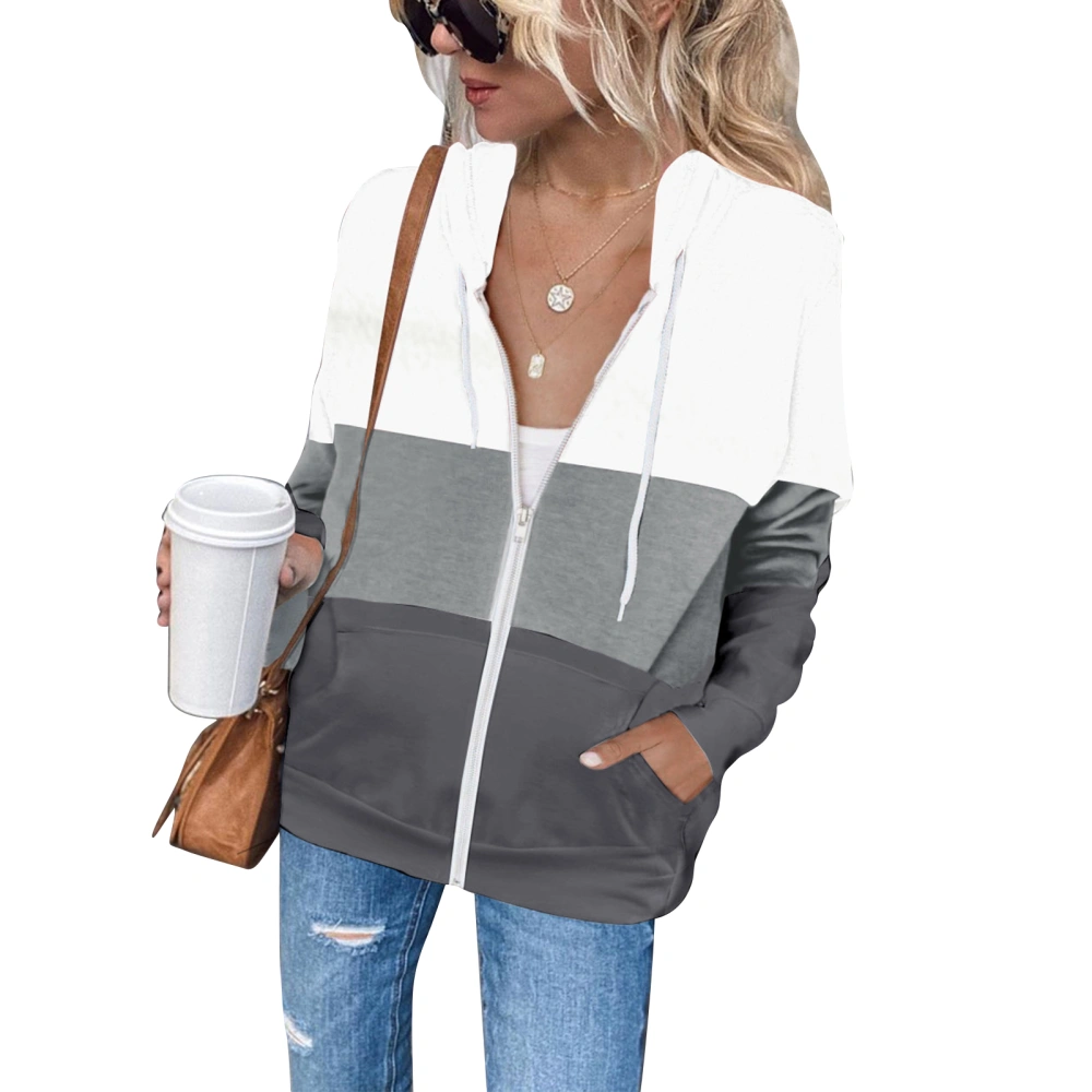 Women Zipper Hoodie Polyester Casual Long Sleeved Hooded Pocket Coat for Autumn Winter White XXL