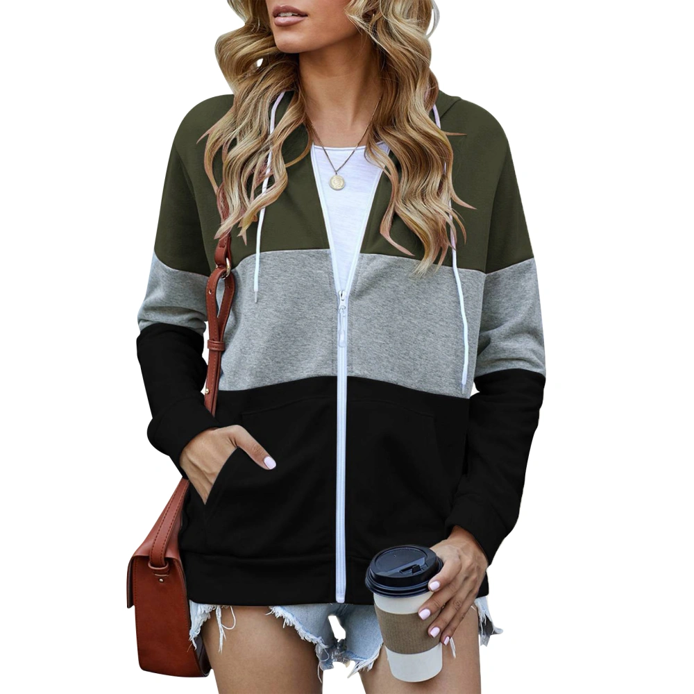 Women Zipper Hoodie Polyester Casual Long Sleeved Hooded Pocket Coat for Autumn Winter Military Green M