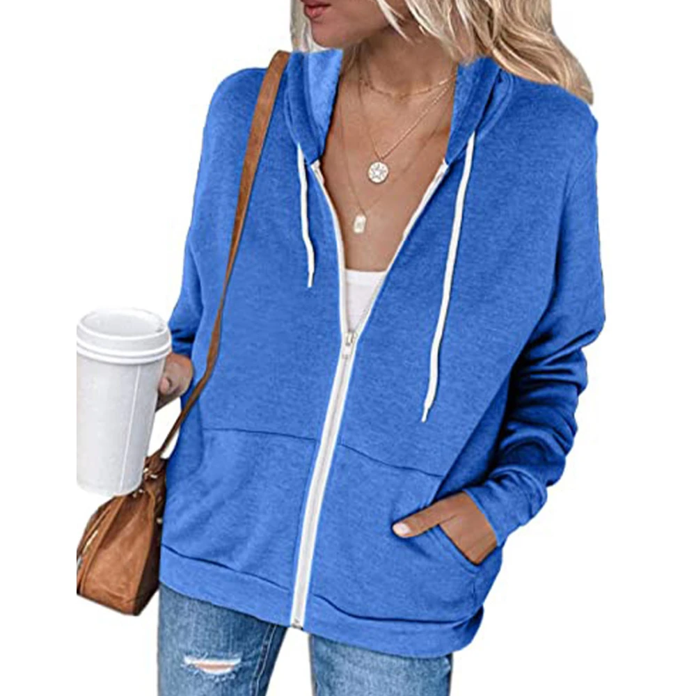 Women Casual Long Sleeve Zip Up Hooded Sweatshirt Hoodies Solid Color Hooded Jacket with Pockets Color Blue XL