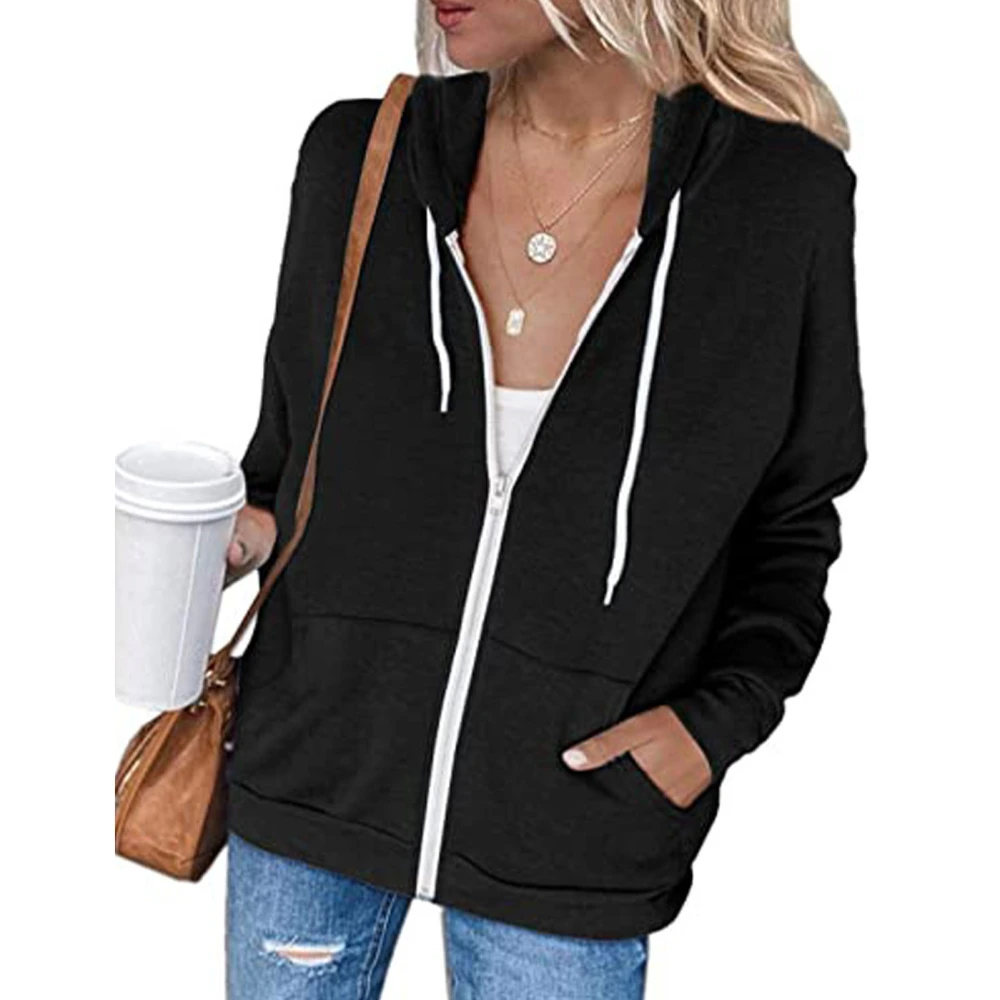 Women Casual Long Sleeve Zip Up Hooded Sweatshirt Hoodies Solid Color Hooded Jacket with Pockets Black S