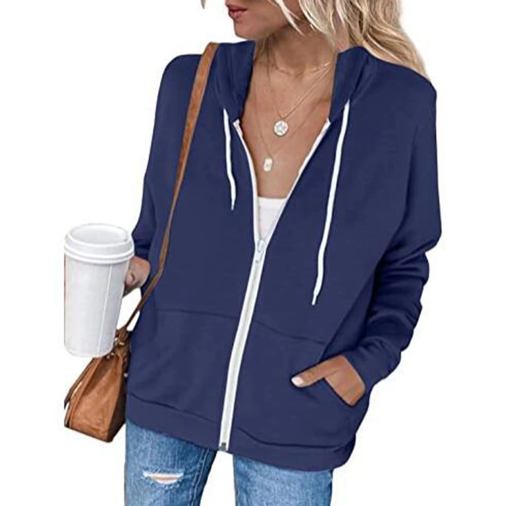 Women Casual Long Sleeve Zip Up Hooded Sweatshirt Hoodies Solid Color Hooded Jacket with Pockets Dark Blue S