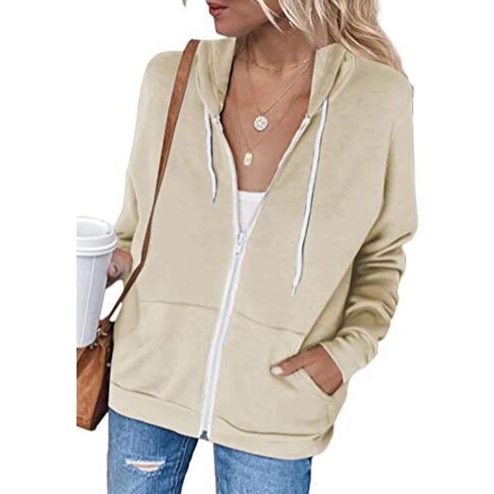 Women Casual Long Sleeve Zip Up Hooded Sweatshirt Hoodies Solid Color Hooded Jacket with Pockets Khaki M