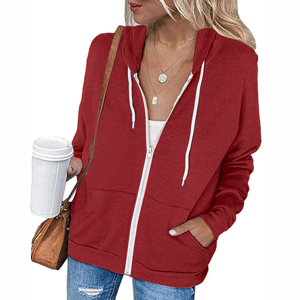 Women Casual Long Sleeve Zip Up Hooded Sweatshirt Hoodies Solid Color Hooded Jacket with Pockets Wine Red XL