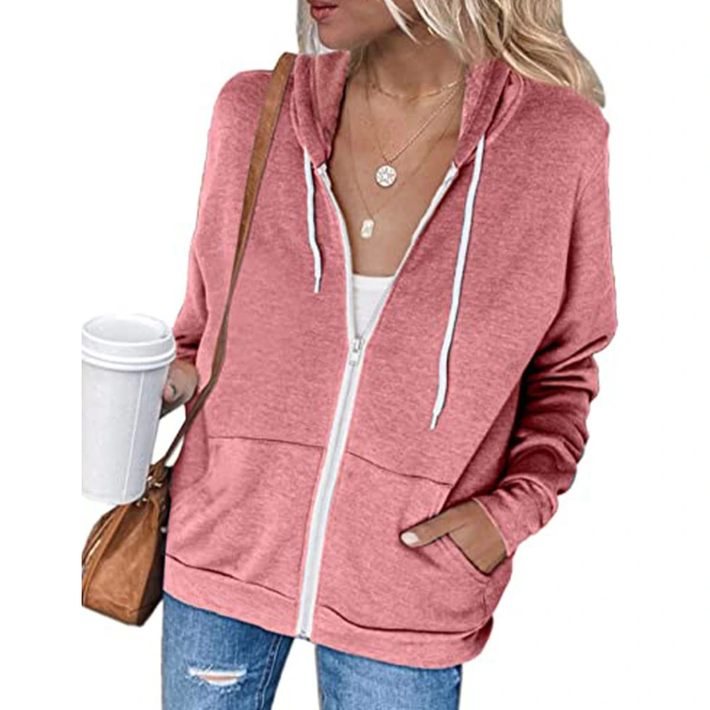 Women Casual Long Sleeve Zip Up Hooded Sweatshirt Hoodies Solid Color Hooded Jacket with Pockets Pink S