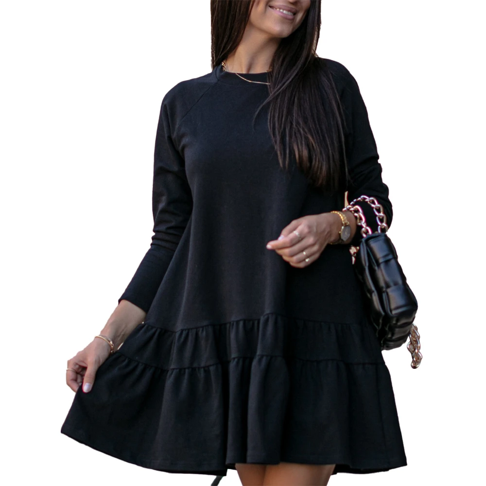 Women Long Sleeve Dress Loose Round Neck Pure Color Ruffle Hem Dress for Party Holiday Black S